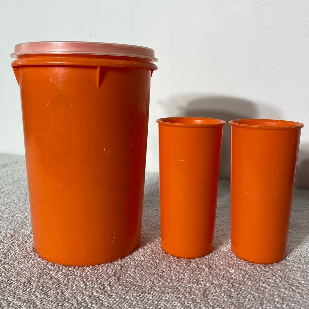 Vintage Tupperware Orange Handolier Plastic Storage Canister W Lid & 2 Cups Set - Picture 7 of 11